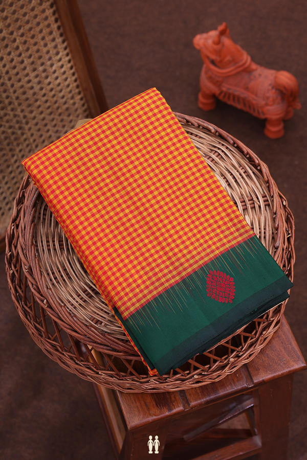 Kanchipuram Silk Saree In Red And Orange With Checks Design