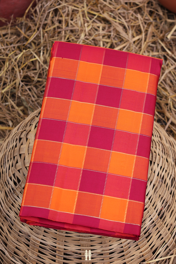 Kanchipuram Silk Saree In Red And Orange With Checks Design