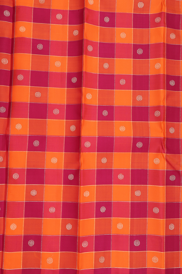 Kanchipuram Silk Saree In Red And Orange With Checks Design