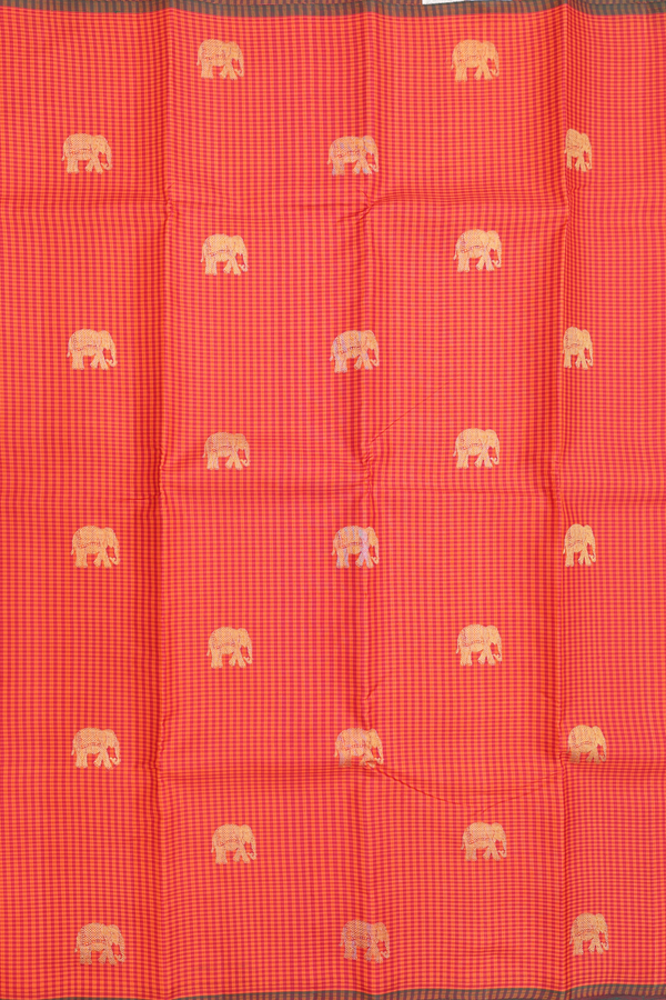 Kanchipuram Silk Saree Red And Orange Along Checks With Buttas
