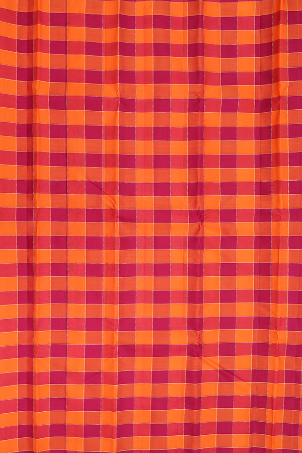 Kanchipuram Silk Saree In Red And Orange With Checks Design