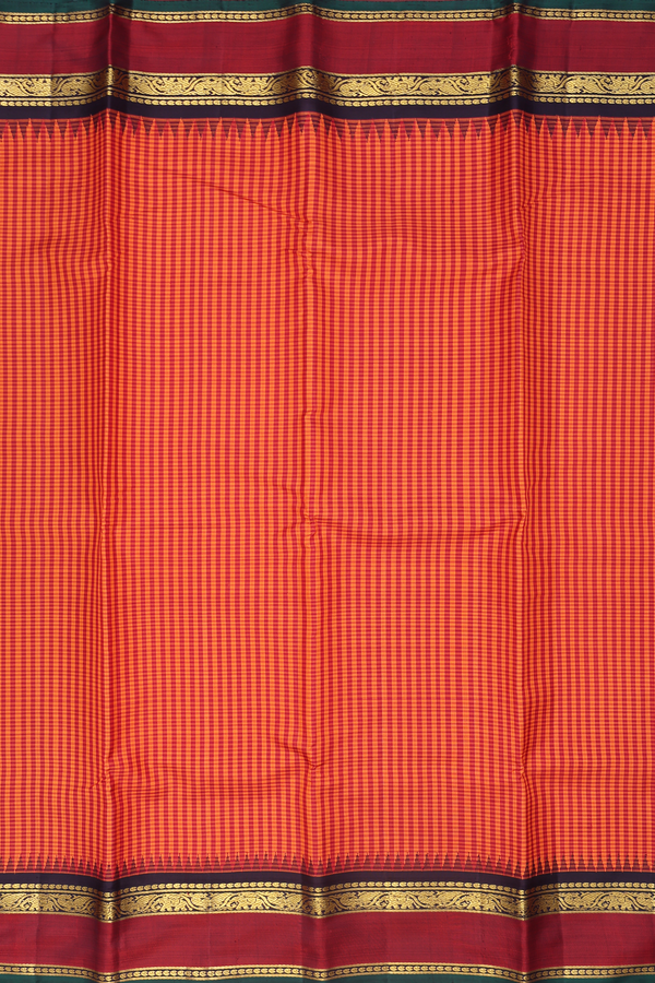 Kanchipuram Silk Saree In Red And Orange With Checks Design