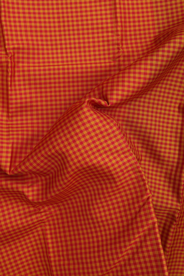 Kanchipuram Silk Saree In Red And Orange With Checks Design