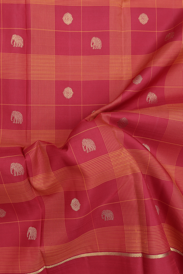 Kanchipuram Silk Saree In Red And Orange With Checks Design