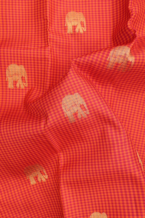 Kanchipuram Silk Saree Red And Orange Along Checks With Buttas