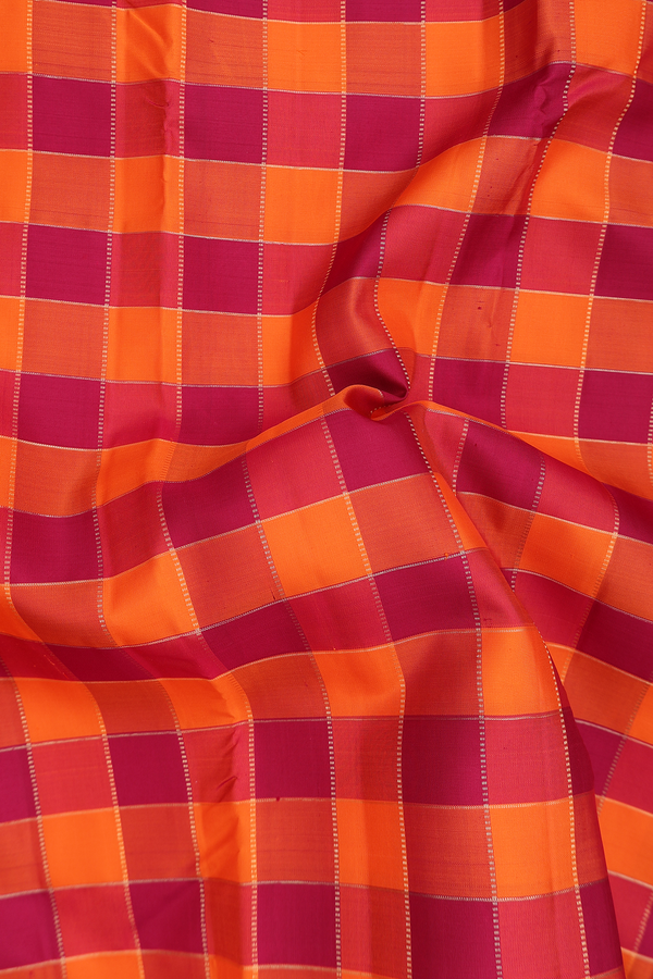 Kanchipuram Silk Saree In Red And Orange With Checks Design