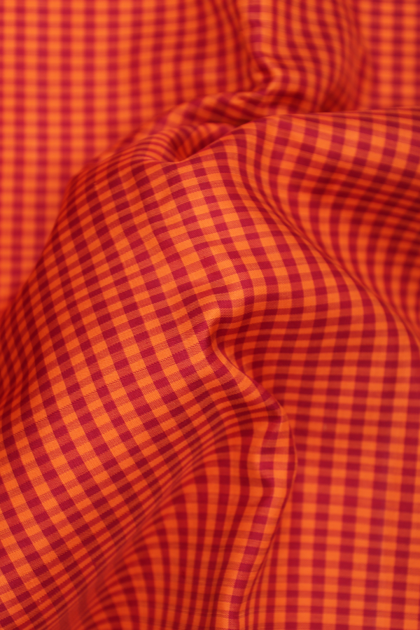 Kanchipuram Silk Saree In Red And Orange With Checks Design