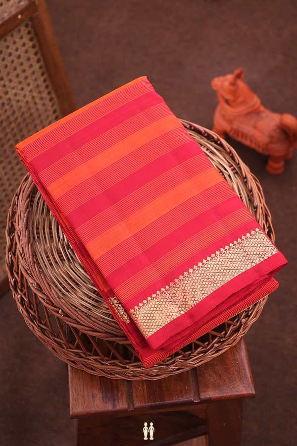 Kanchipuram Silk Saree In Red And Orange With Stripes Design