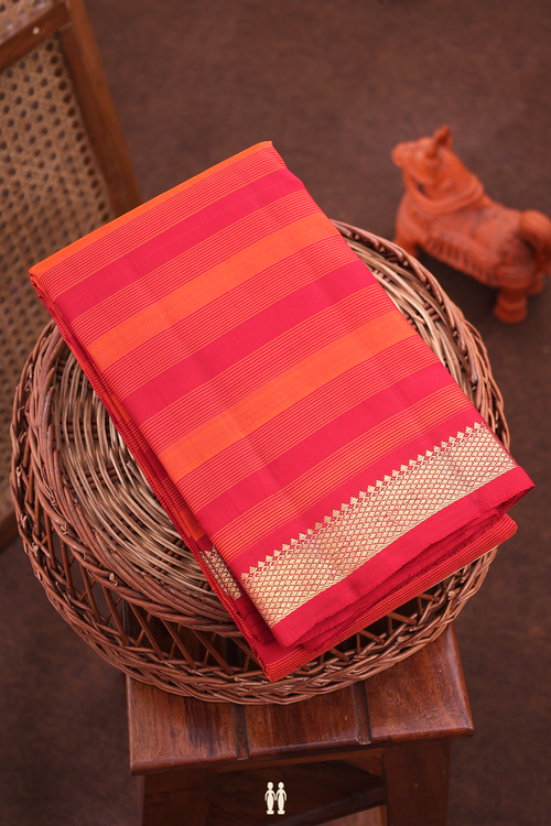 Kanchipuram Silk Saree In Red And Orange With Stripes Design