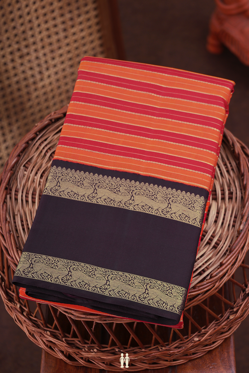 Kanchipuram Silk Saree In Red And Orange With Stripes Design