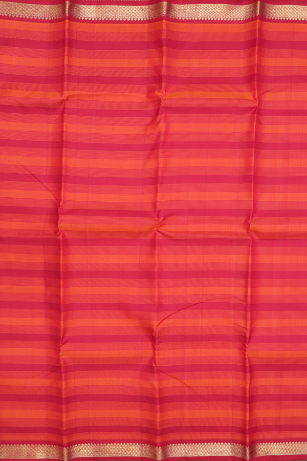 Kanchipuram Silk Saree In Red And Orange With Stripes Design