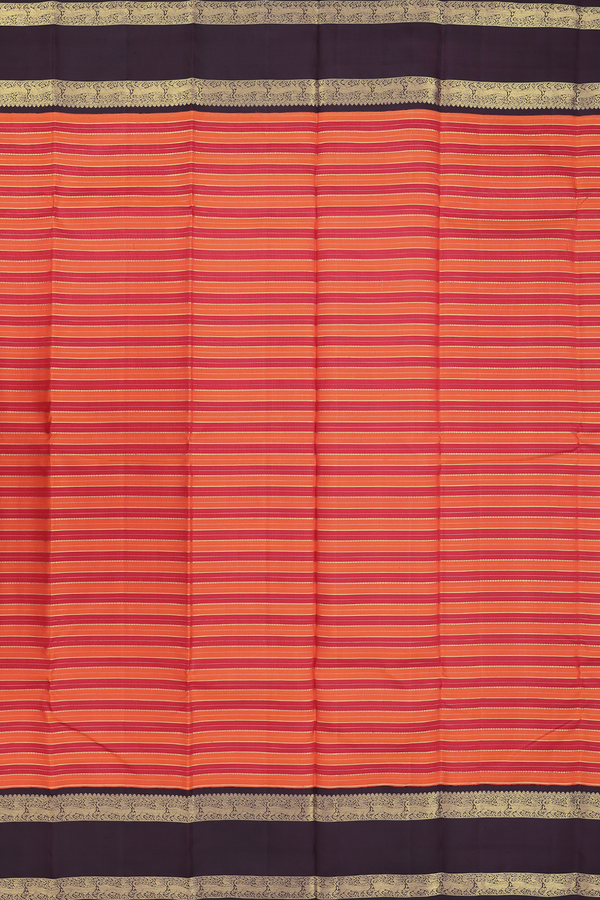 Kanchipuram Silk Saree In Red And Orange With Stripes Design