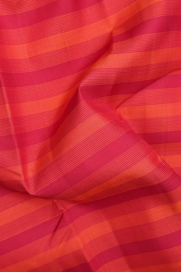 Kanchipuram Silk Saree In Red And Orange With Stripes Design