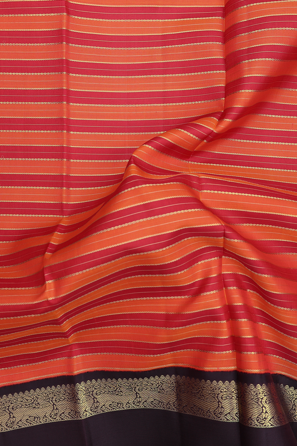 Kanchipuram Silk Saree In Red And Orange With Stripes Design