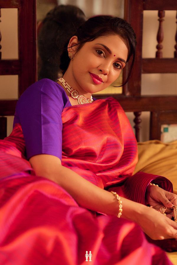 Kanchipuram Silk Saree In Red And Purple With Stripes Design