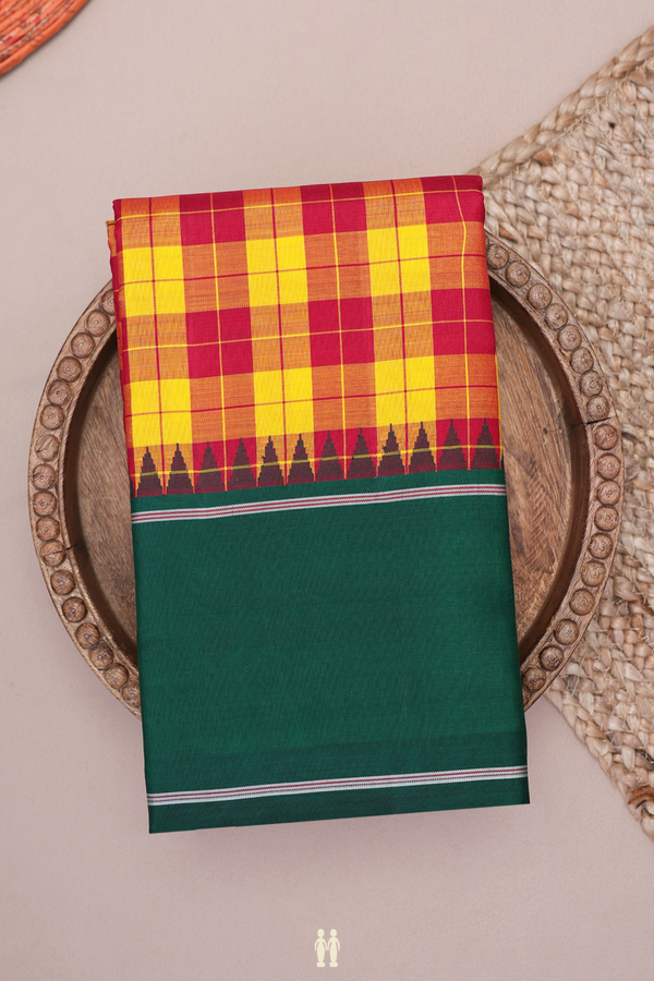 Kanchipuram Silk Saree In Red And Yellow With Checks Design