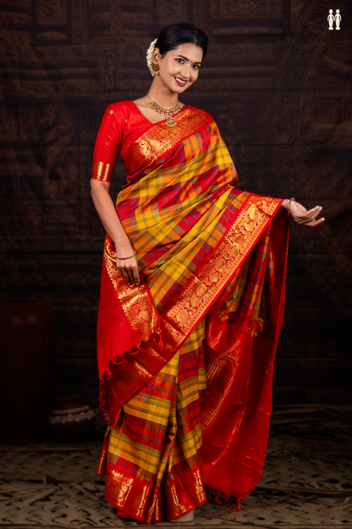 Kanchipuram Silk Saree In Red And Yellow With Checks Design