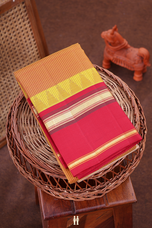 Kanchipuram Silk Saree In Red And Yellow With Checks Design