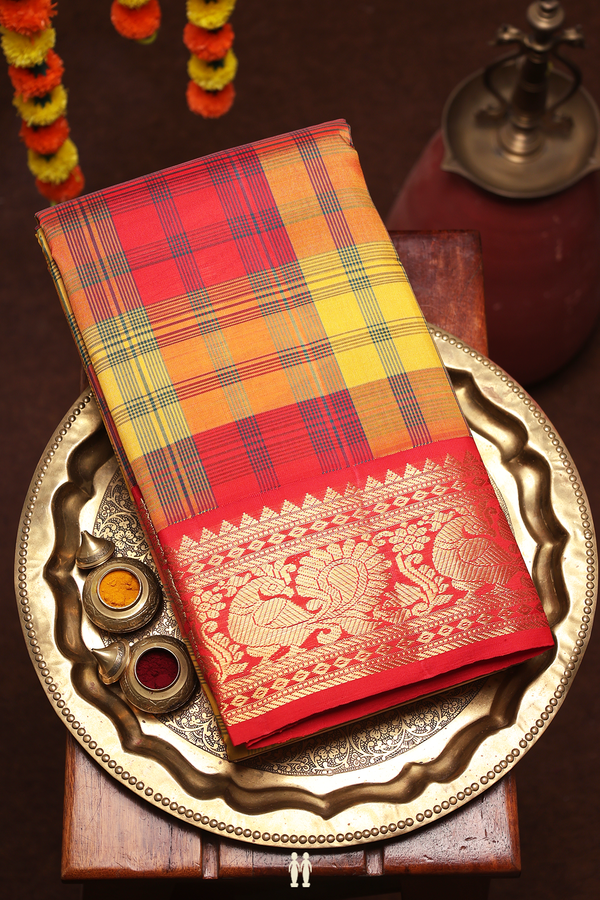 Kanchipuram Silk Saree In Red And Yellow With Checks Design