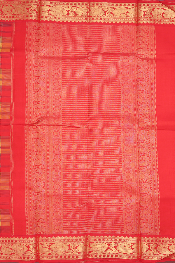 Kanchipuram Silk Saree In Red And Yellow With Checks Design