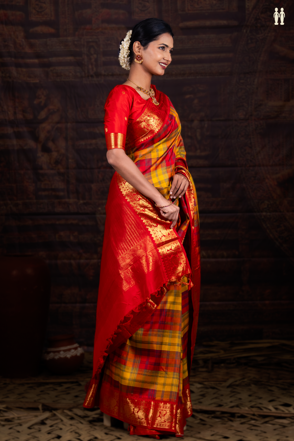 Kanchipuram Silk Saree In Red And Yellow With Checks Design