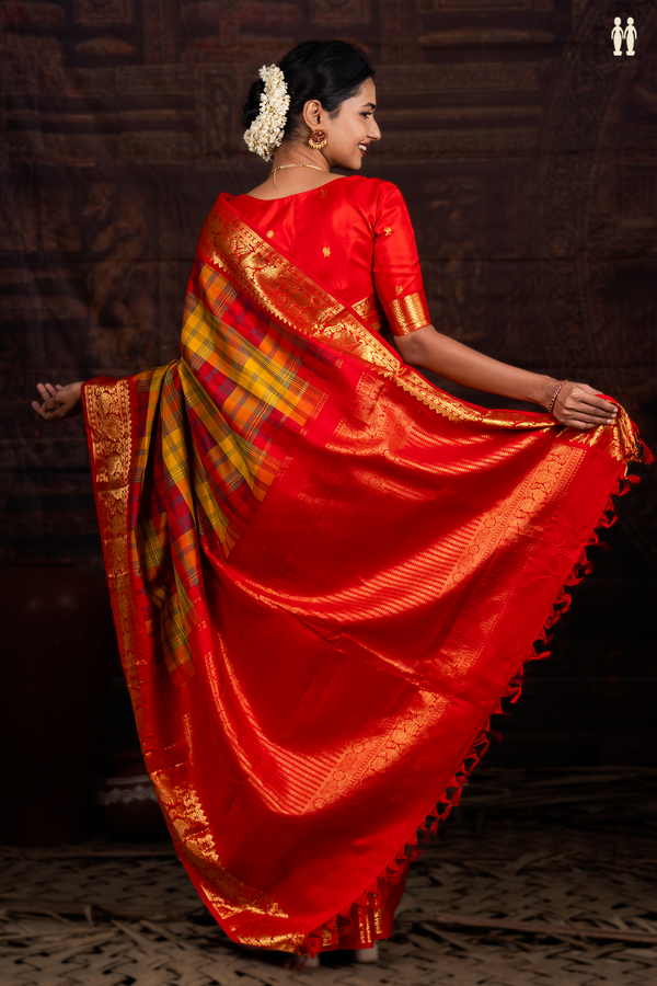 Kanchipuram Silk Saree In Red And Yellow With Checks Design
