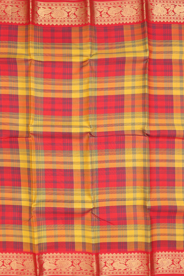 Kanchipuram Silk Saree In Red And Yellow With Checks Design