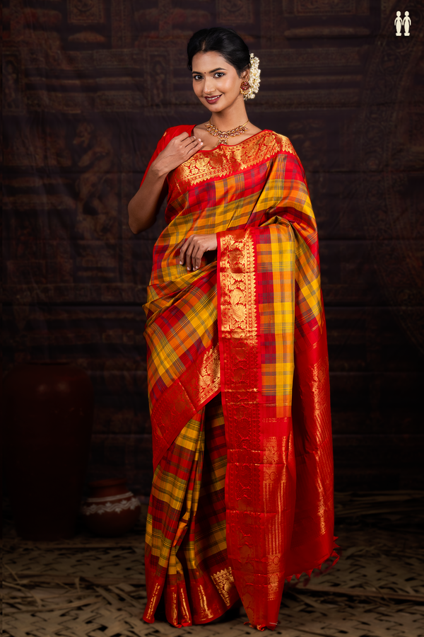 Kanchipuram Silk Saree In Red And Yellow With Checks Design