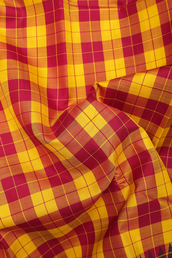 Kanchipuram Silk Saree In Red And Yellow With Checks Design