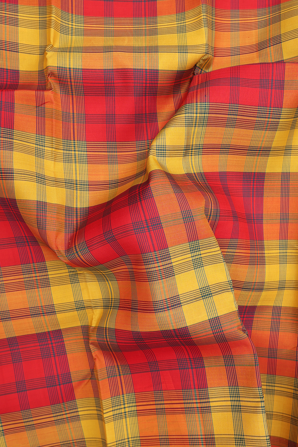 Kanchipuram Silk Saree In Red And Yellow With Checks Design