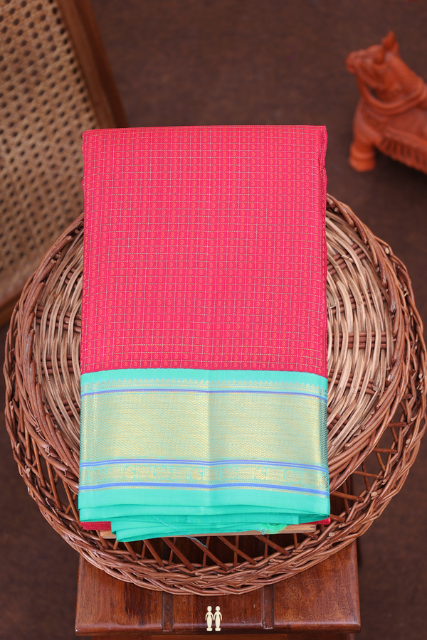Kanchipuram Silk Saree In Hibiscus Red With Checks Design