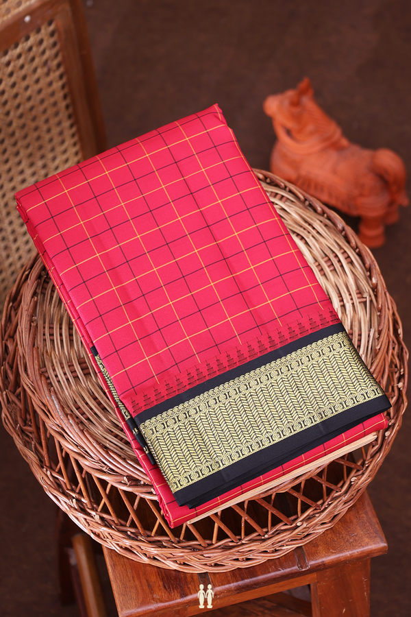 Kanchipuram Silk Saree In Red With Checks Design