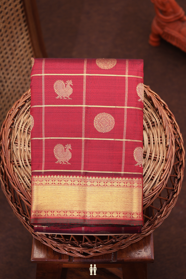 Kanchipuram Silk Saree In Red With Checks Design