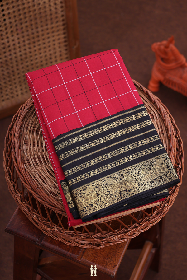 Kanchipuram Silk Saree In Red With Checks Design