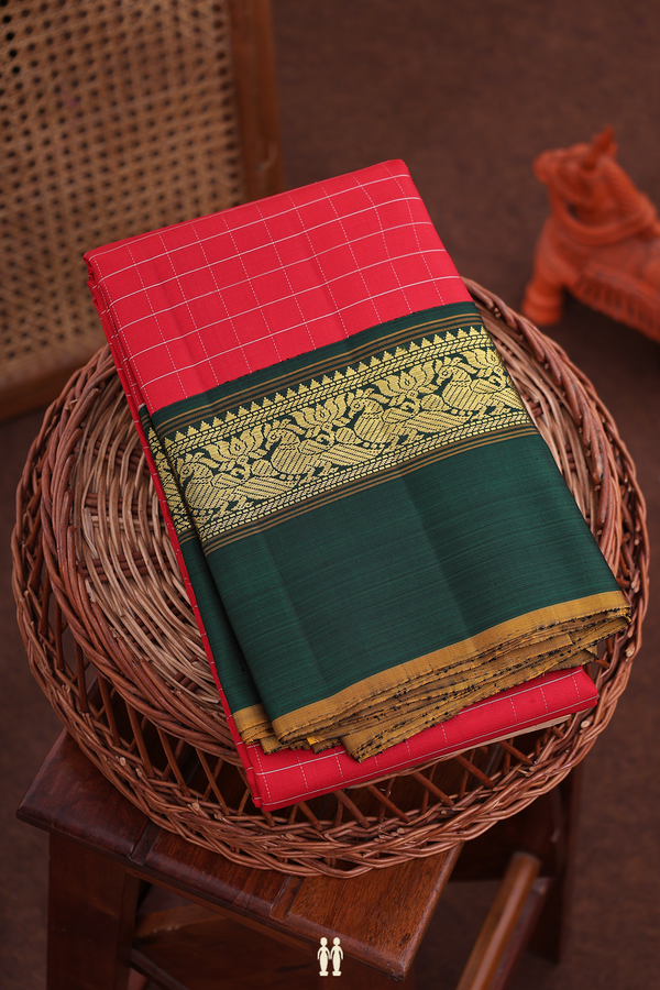 Kanchipuram Silk Saree In Red With Checks Design