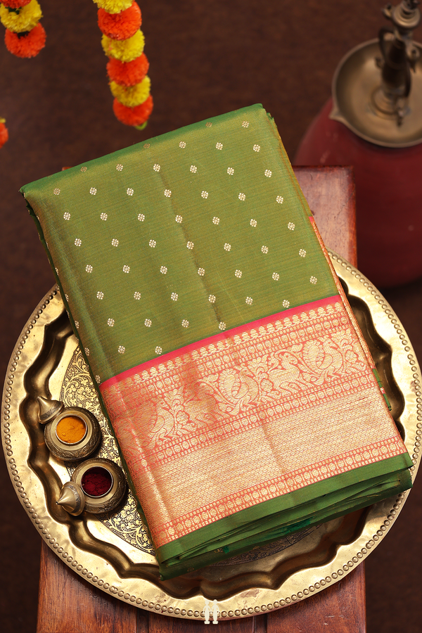 Kanchipuram Silk Saree In Olive Green With Floral Buttis