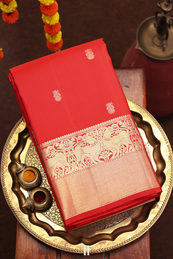 Kanchipuram Silk Saree In Red With Iruthalai Pakshi Buttas