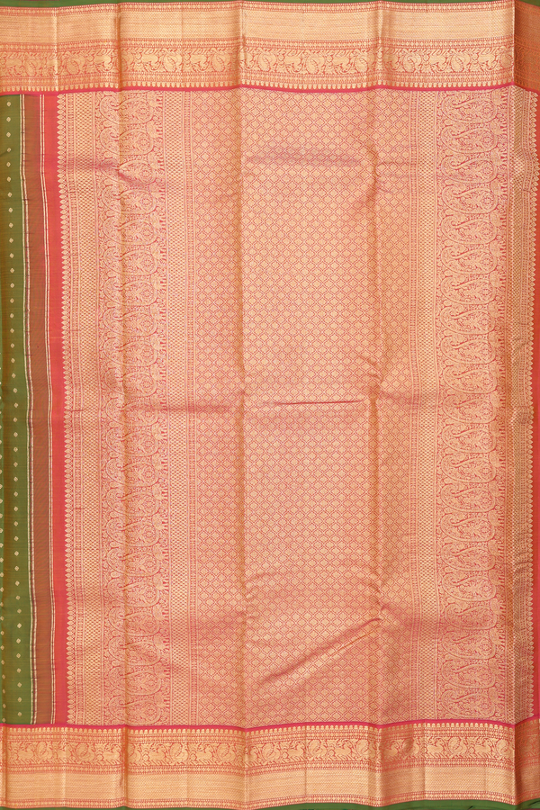 Kanchipuram Silk Saree In Olive Green With Floral Buttis