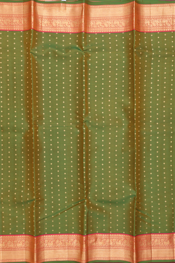 Kanchipuram Silk Saree In Olive Green With Floral Buttis