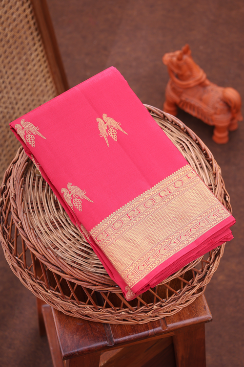 Kanchipuram Silk Saree In Red With Parrot Buttas