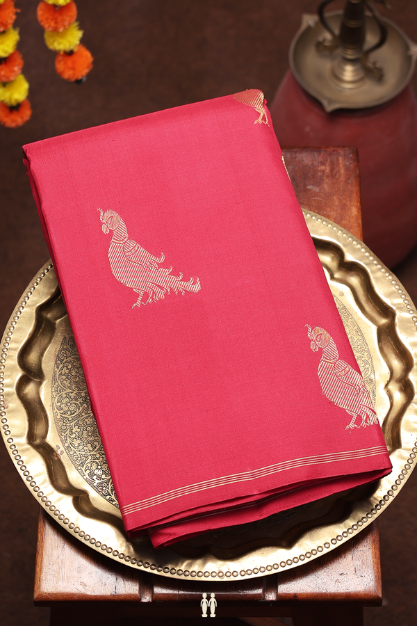 Kanchipuram Silk Saree In Red With Parrot Motifs