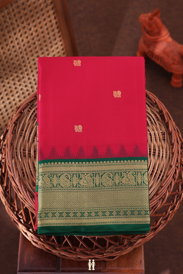 Kanchipuram Silk Saree In Red With Peacock Buttas