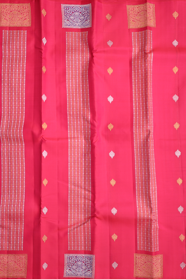 Kanchipuram Silk Saree In Red With Stripes Along Buttas
