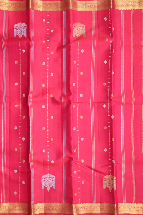 Kanchipuram Silk Saree In Red With Stripes Along Buttas