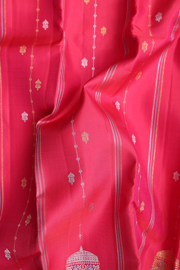 Kanchipuram Silk Saree In Red With Stripes Along Buttas