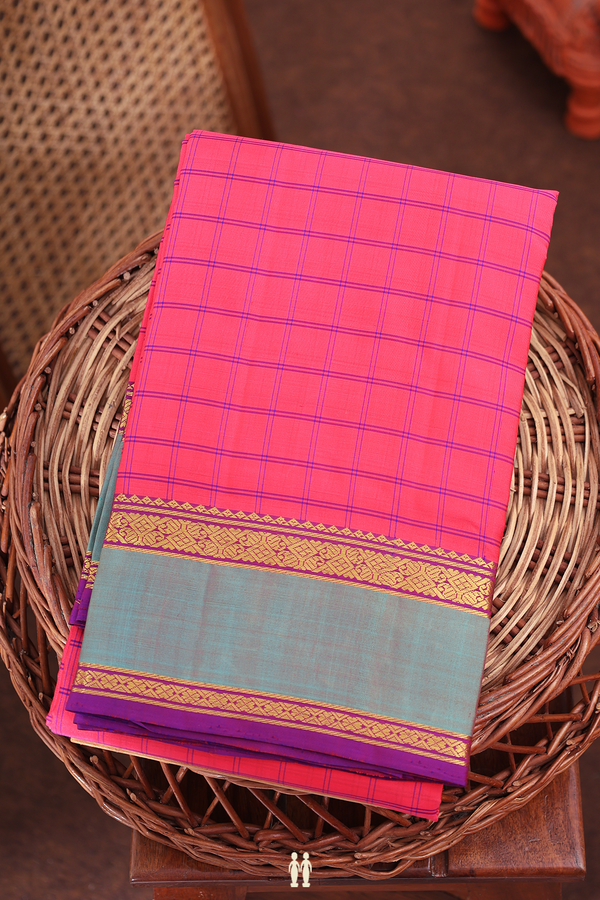 Kanchipuram Silk Saree In Reddish Pink With Checks Design