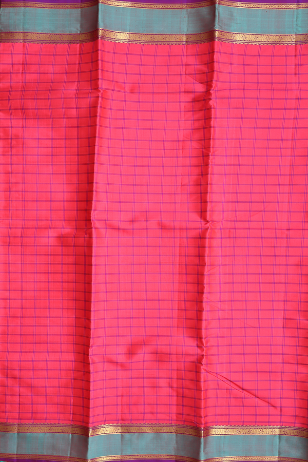 Kanchipuram Silk Saree In Reddish Pink With Checks Design
