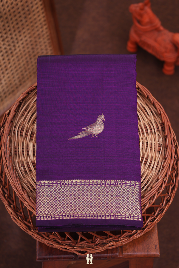 Kanchipuram Silk Saree In Regal Purple With Parrot Buttas