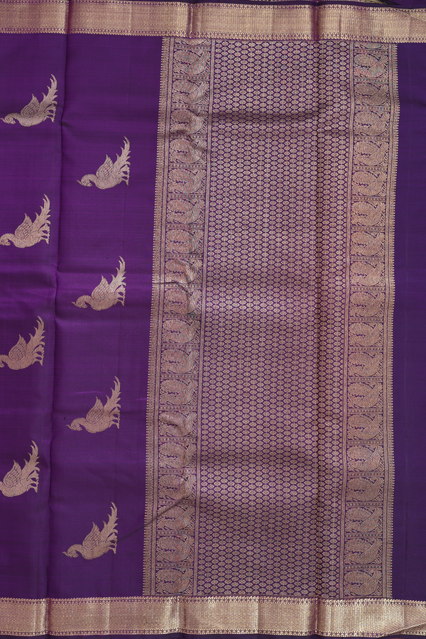 Kanchipuram Silk Saree In Regal Purple With Parrot Buttas