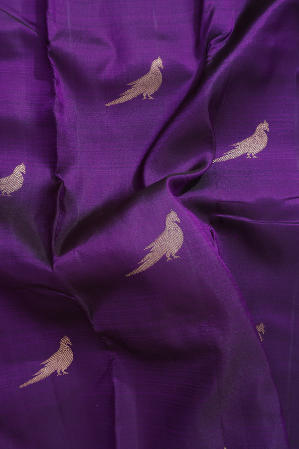 Kanchipuram Silk Saree In Regal Purple With Parrot Buttas